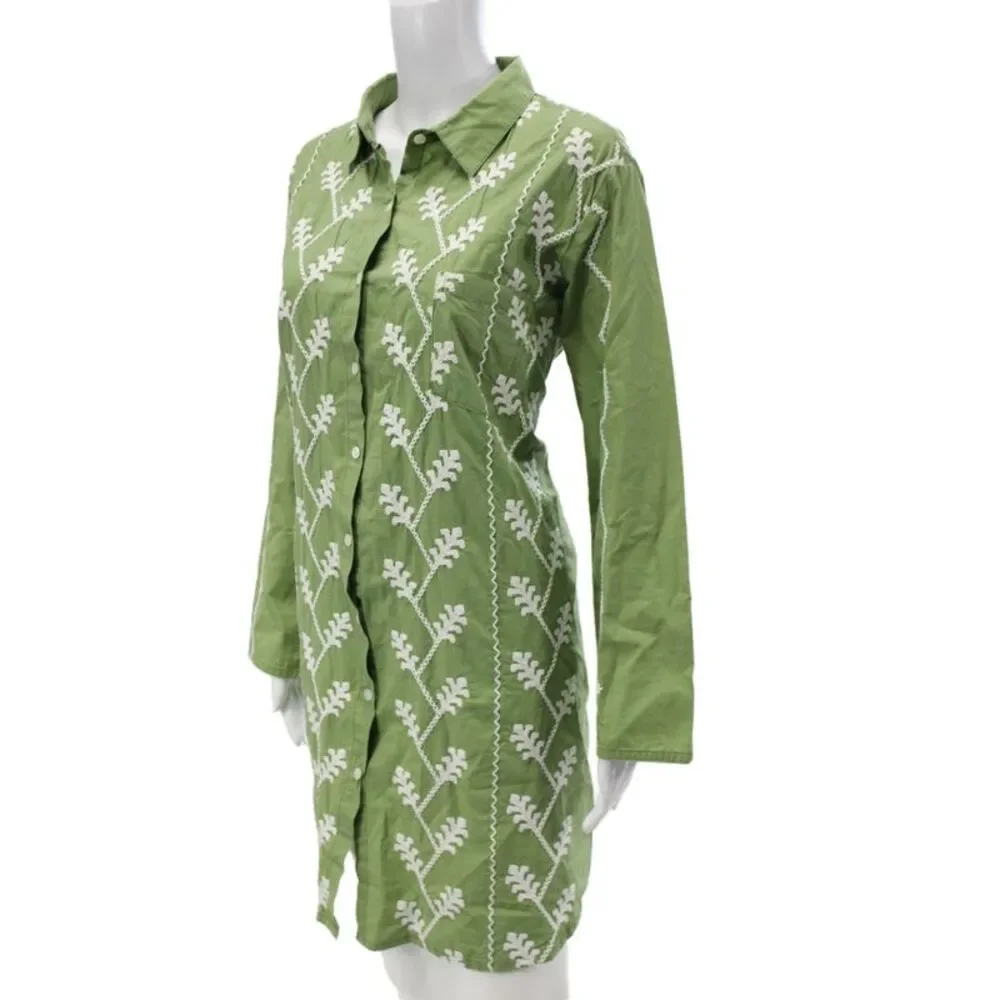 Julia Amory Womens Shirt Dress Green Cotton Long Sleeve Button Boho Size XL